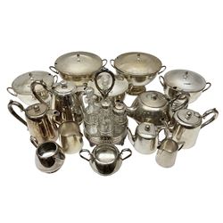 Five silver plate twin handled soup tureens with covers, largest H, together with silver plate items by Walker & Hall including glass condiment set on stand, teapots, coffee pots, jugs and sugar bowls, in two boxes