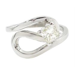 18ct white gold single stone, princess cut diamond twist ring, hallmarked, diamond 0.54 ca...
