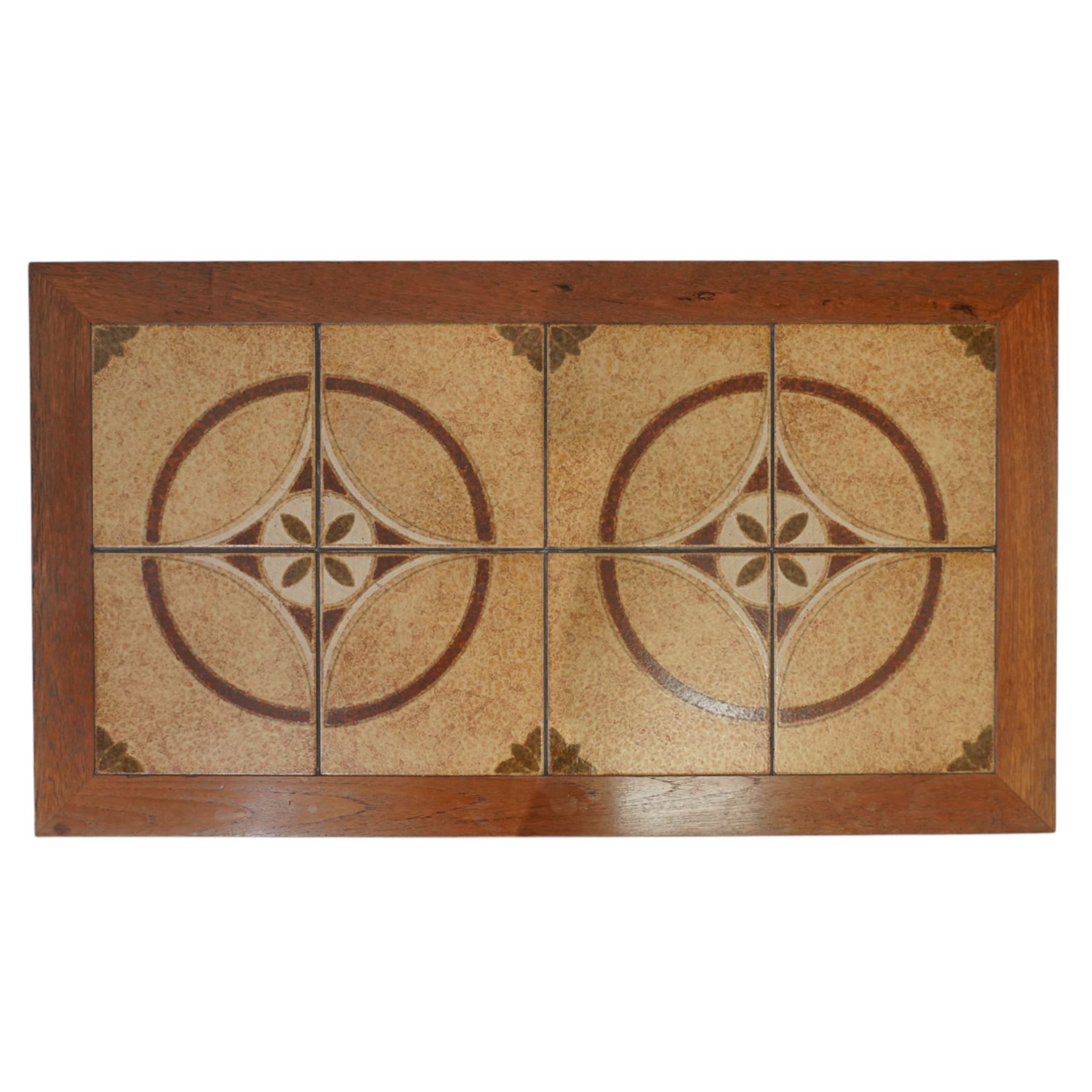 Mid-20th century Danish teak coffee table, rectangular form with inset ceramic tiled top decorated with circular and foliate motifs, raised on square legs