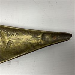 Bergman Art Nouveau bronze dish, of naturalistic shell form upon four shell feet, the centre decorated in relief with a mermaid amongst fish and sea horses, with Bergman mark and impressed Geschutzt 5070 beneath, L36cm