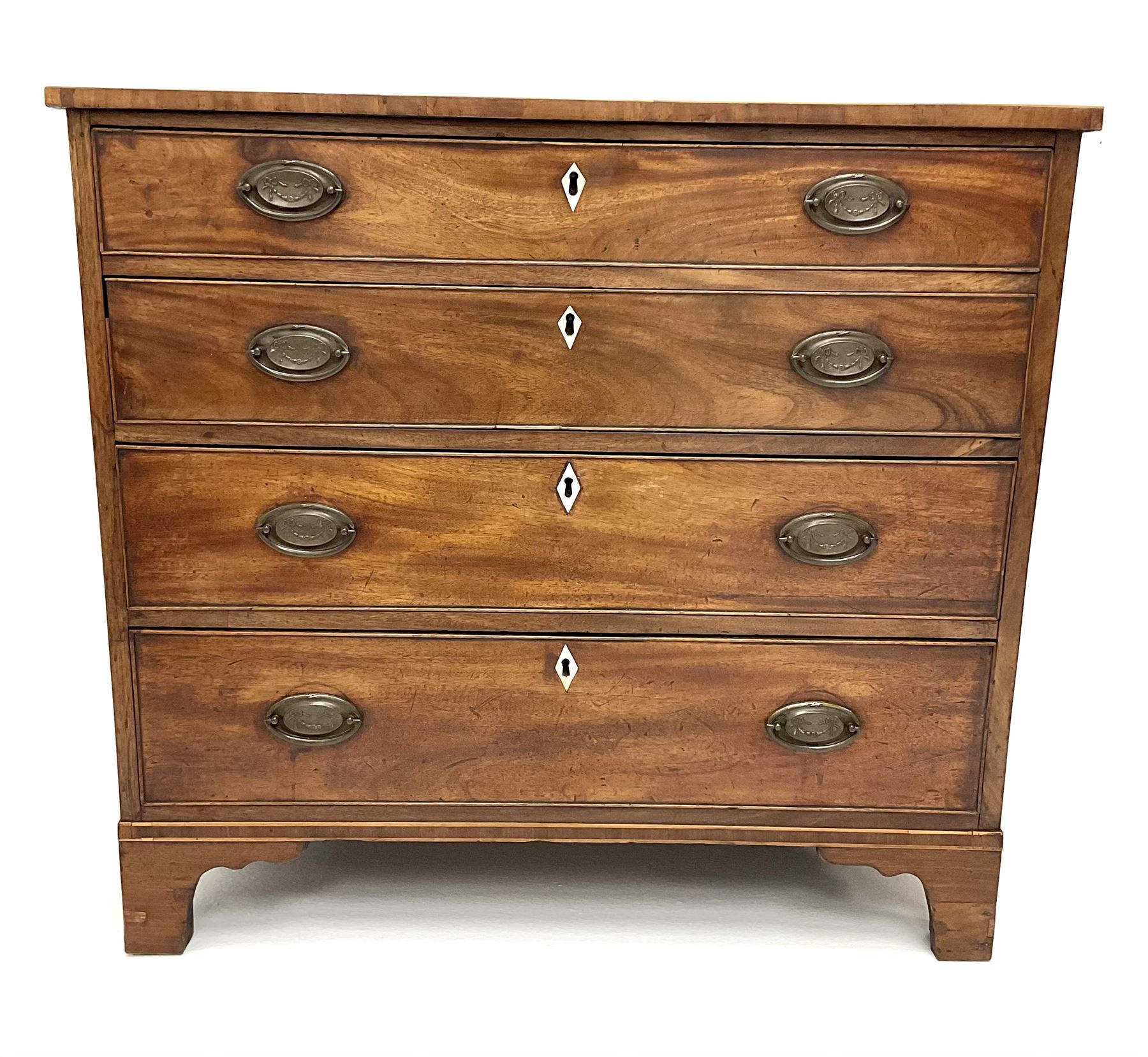 19th century mahogany chest, four graduating cockbeaded drawers, ogee bracket supports 