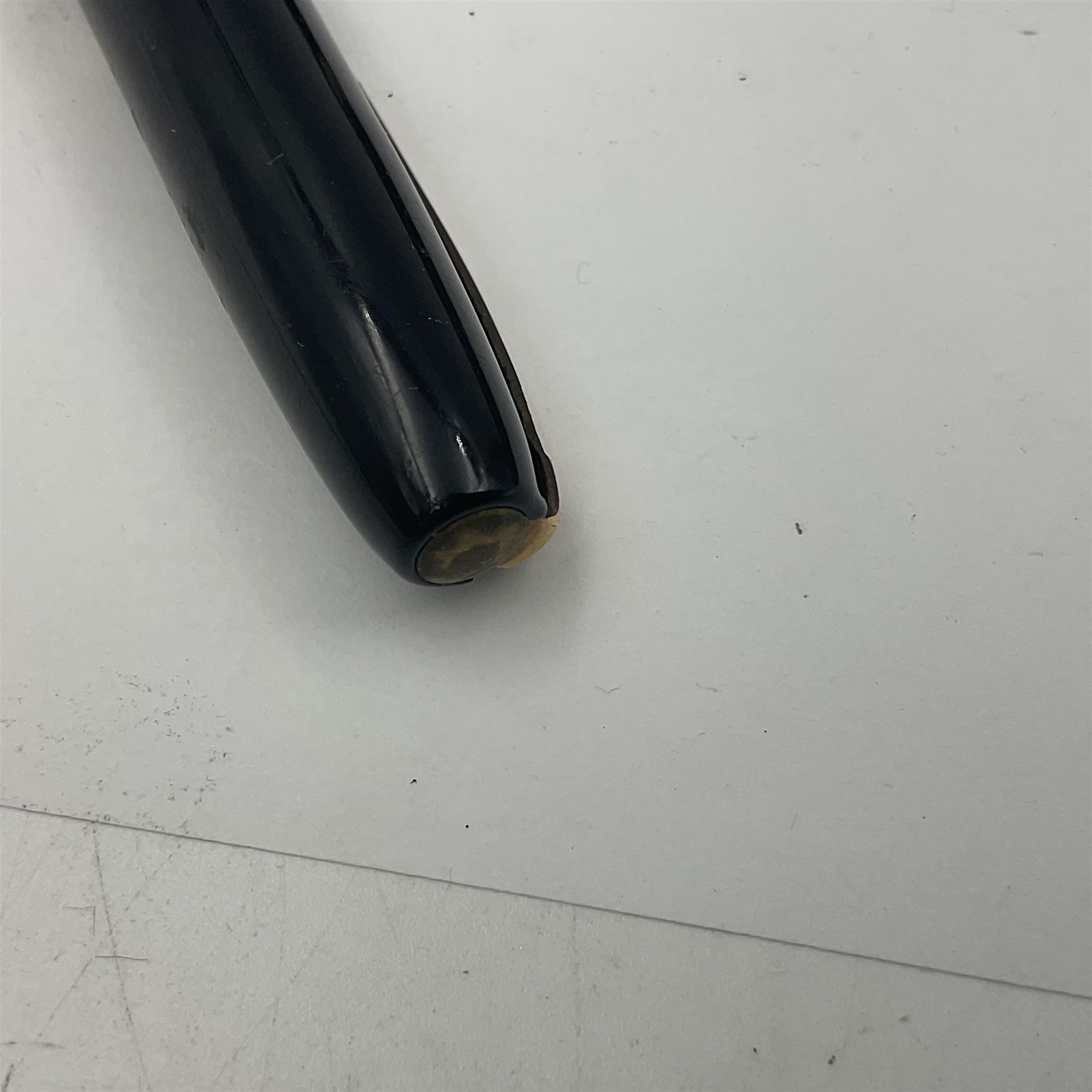 Three Swan Mabie Todd fountain pens, comprising Self Filler 3162 with black barrel and cap with single band and gold nib stamped Eternal 1 14ct, together with two Calligraph examples with gold nibs stamped 14ct, one with box, largest L12.5cm