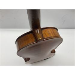 German violin c1900 for re-assembly with 36cm two-piece maple back and ribs and spruce top; L59cm; in ebonised wooden 'coffin' case with two bows