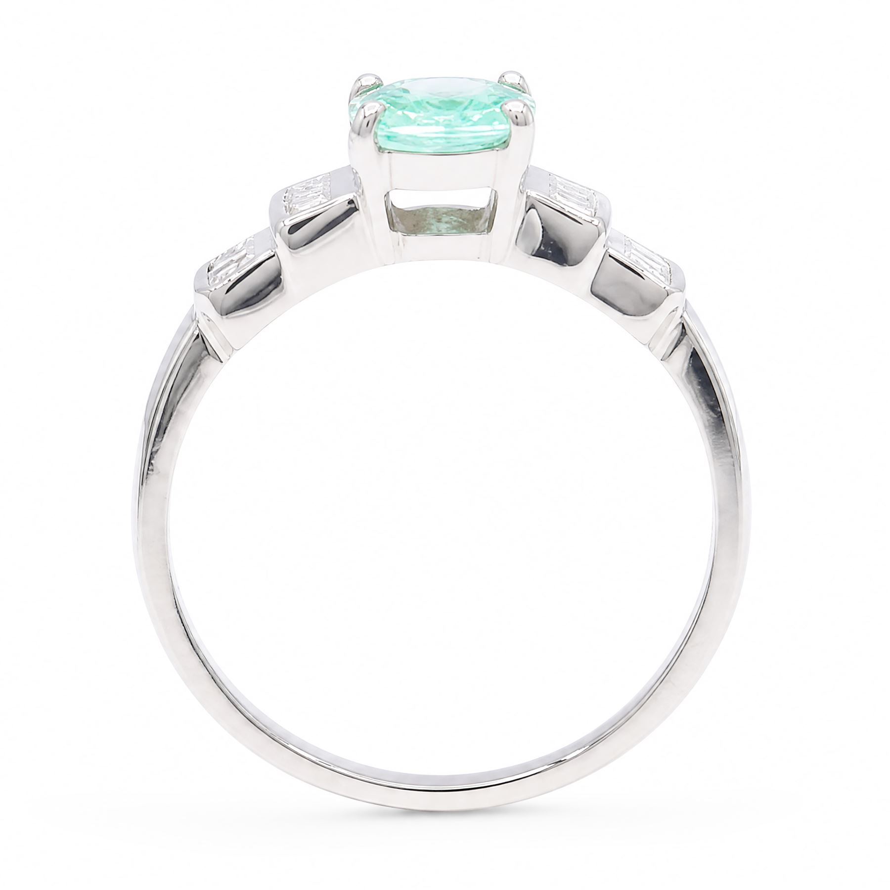 18ct white gold Paraiba tourmaline and diamond ring, single oval cut tourmaline of approx 0.90 carat, with six princess cut diamonds either side, in a stepped design setting, hallmarked, total diamond weight approx 0.35 carat