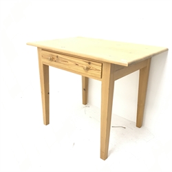 Solid pine side table, single drawer, square tapering supports (W103cm, H80cm, D66cm) and small pine bedside chest and a hardwood CD rack