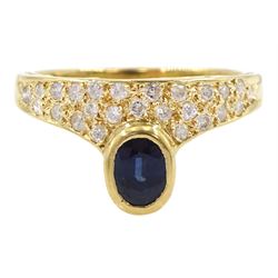 18ct gold oval cut sapphire and pave set round brilliant cut diamond ring, stamped 750