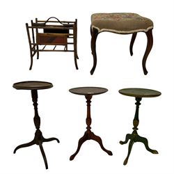 Victorian bamboo and lacquer magazine stand (W36cm), Victorian walnut stool on cabriole supports, with needle work upholstered serpentine seat (W45cm), and three tripod wine tables (5)