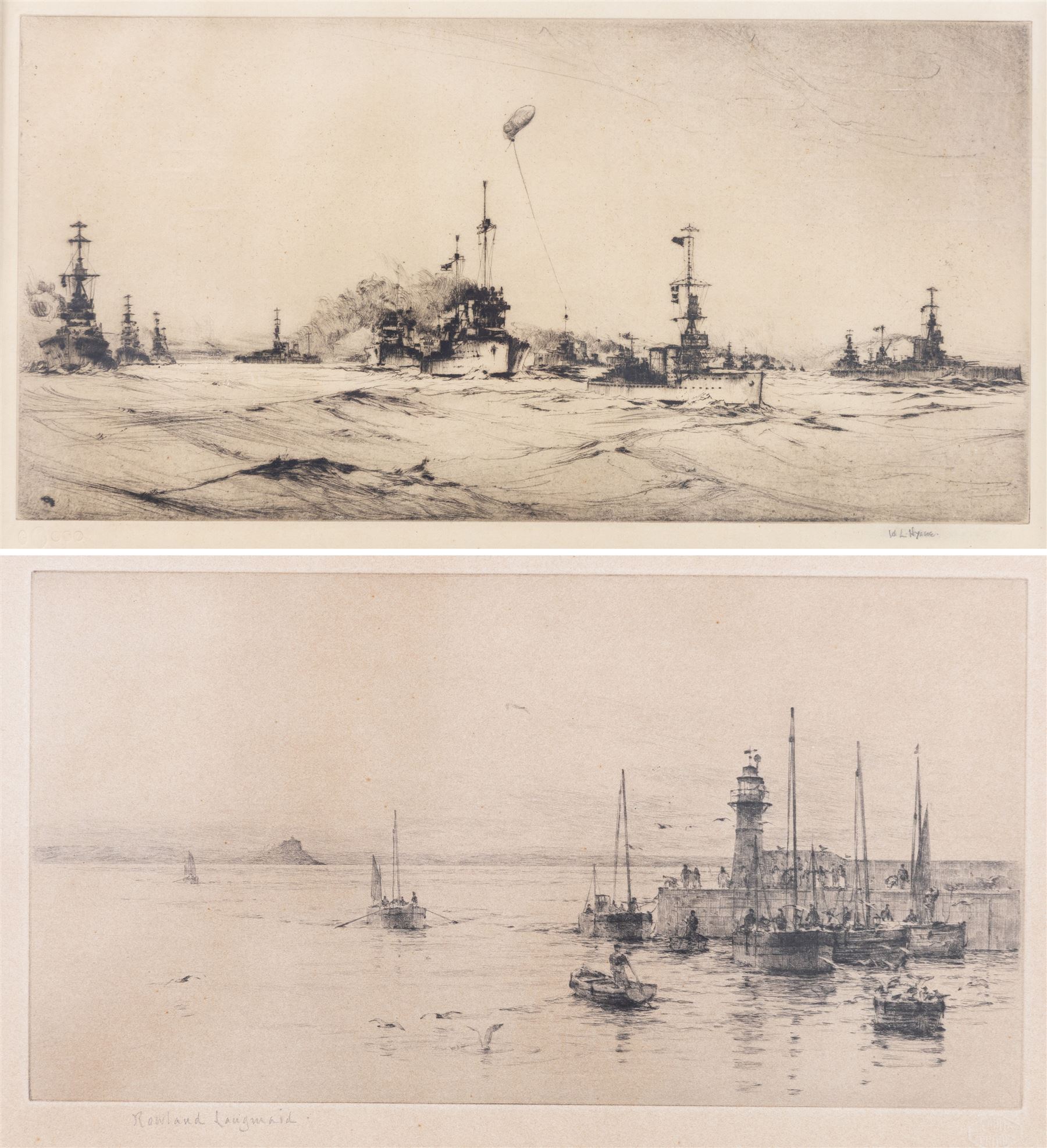 Rowland Langmaid (British 1897-1956): Newlyn and St Michael's Mount, etching signed in pencil 16cm x 30cm; Frank Henry Mason (Staithes Group 1875-1965):  Surrender of the German Fleet, etching 17.5cm x 35cm (2)
Notes: Original signature removed and wrongly attributed.