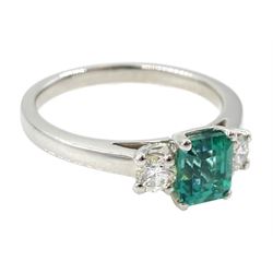 Platinum three stone fine emerald and diamond ring, hallmarked 