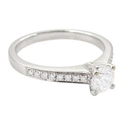 18ct white gold single stone round brilliant cut diamond ring, with diamond set shoulders, stamped 750, principal diamond 0.53 carat, diamond colour D, clarity VVS2, with GIA report