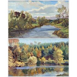 Margaret Peach (British 20th century): 'River Teviot' Scottish, pair oils on canvas signed, titled and dated 1988 verso 29cm x 50cm (2)