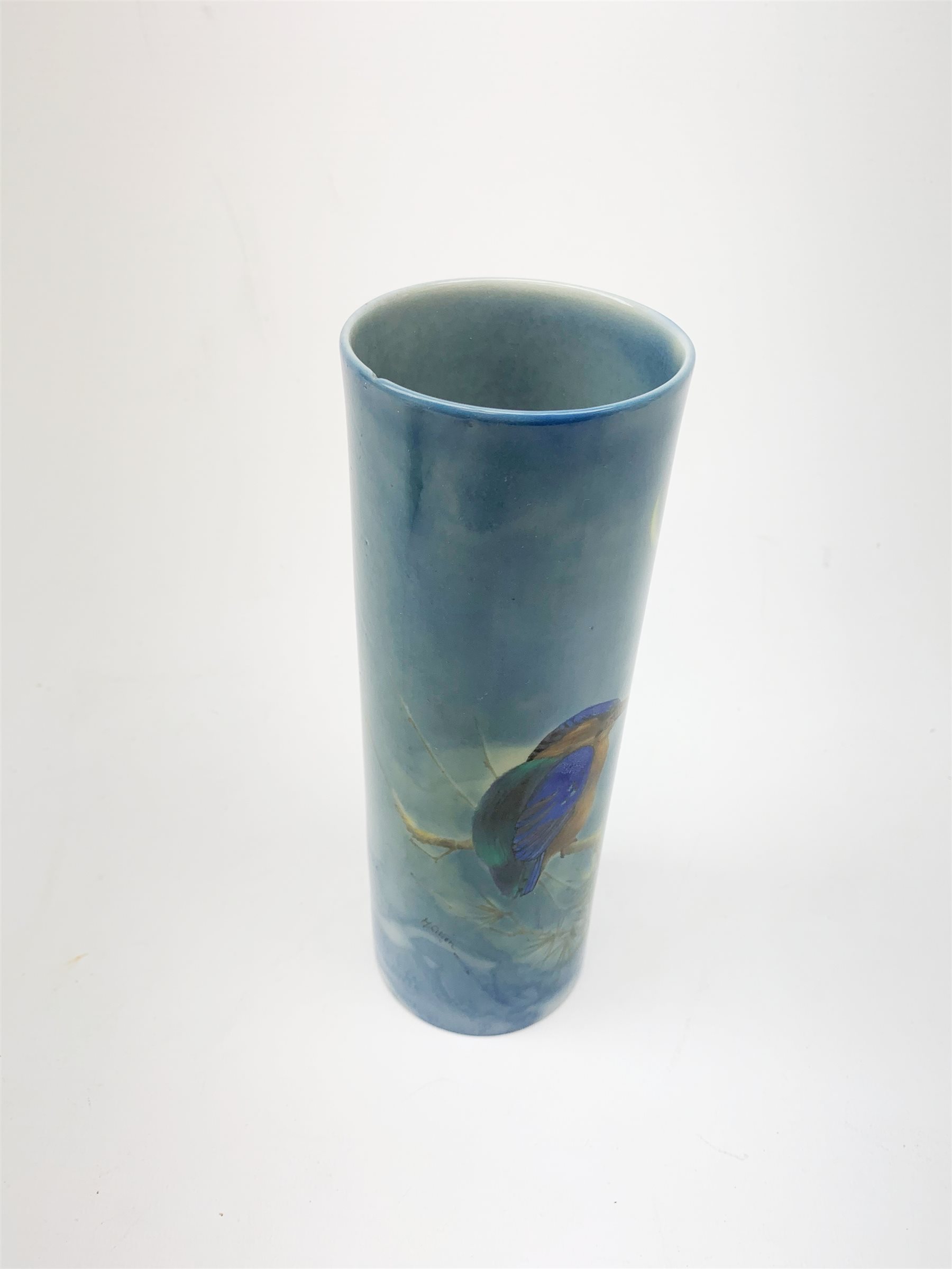 Royal Doulton Titanian Ware vase, painted by Harry Allen, of cylindrical form decorated with a Kingfisher perched upon a branch beneath a crescent moon, signed H. Allen, with printed mark beneath and painted mark 'Kingfisher 2846', H21cm