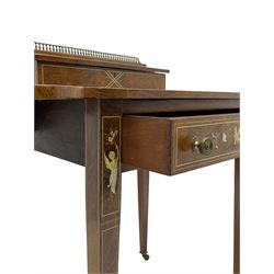 Late Victorian inlaid rosewood writing table, raised back fitted with letter and correspondence rack, hinged and sloped writing surface with leather inset, kidney shaped drop leaf top, single frieze drawer, inlaid with simulated ivory depicting scrolling foliate motifs and putti figures with fruit cornucopias, on square tapering supports with brass and ceramic castors 