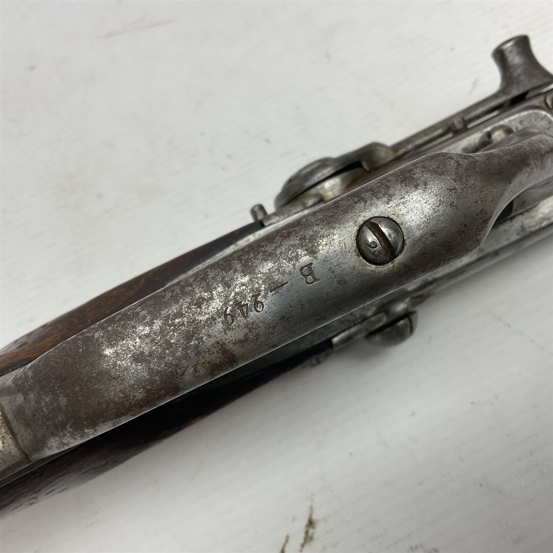 Mid-19th century military Model 1841 Bavarian Lindner style breech loading percussion pistol dated 1842, approximately 16mm cal., 21.5cm rifled octagonal barrel with fixed front and rear sights, unusual under action percussion hammer, profuse ordnance marks and repeated serial number B-249; two stamps to wooden stock L47cm overall
