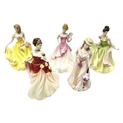 Five Royal Doulton figures from the Pretty Ladies collection, comprising Spring Ball HN5467, Autumn Ball 5465, Summer Ball HN5464, Summer HN5322 and Spring HN5321