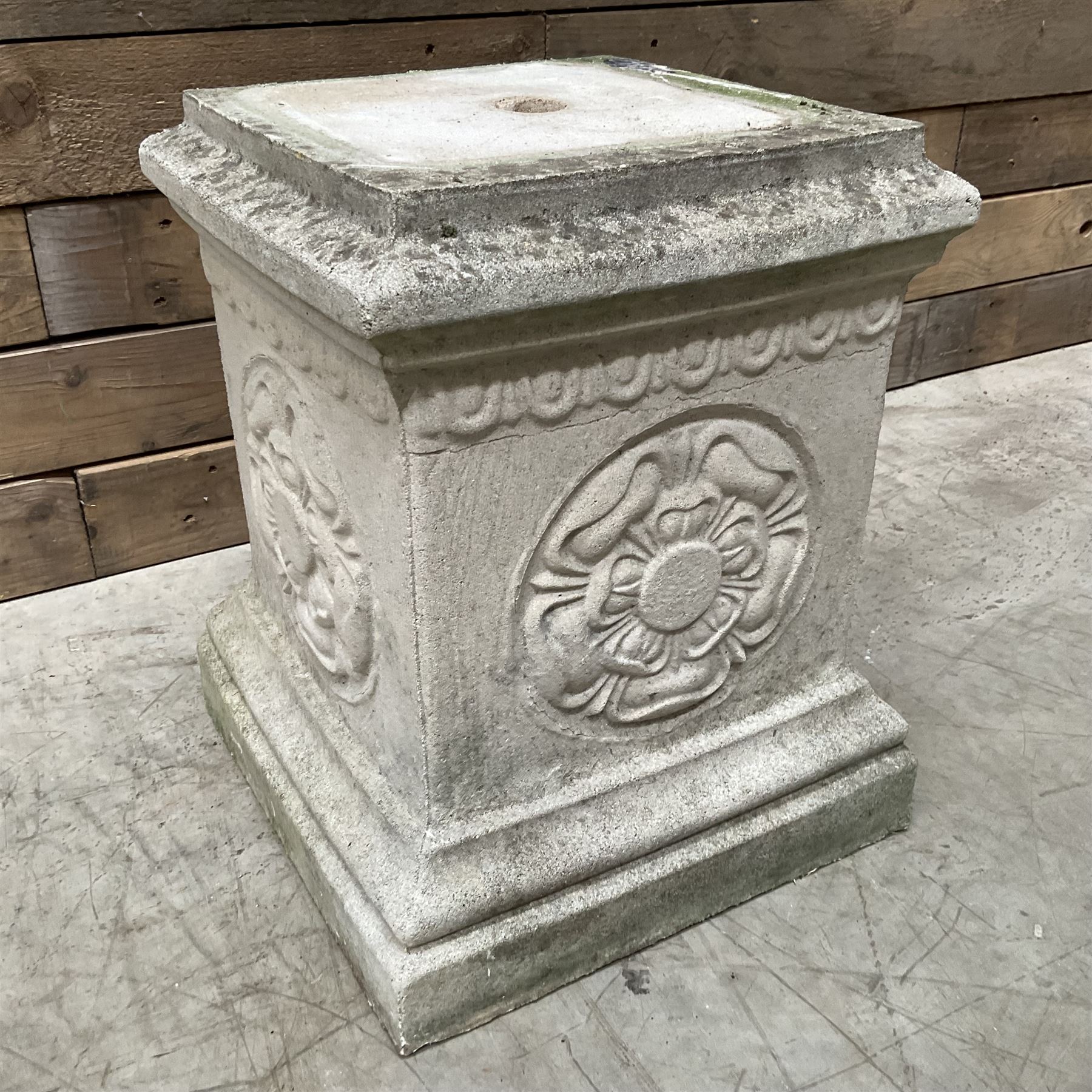Cast stone garden pedestal with relief 'Yorkshire Rose' motif