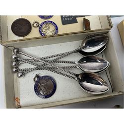 Pair of Georgian silver dress buttons, silver caddy spoon, silver fob medals, silver watches, set of six silver plated teaspoons, set of gilt buttons with ship design, etc