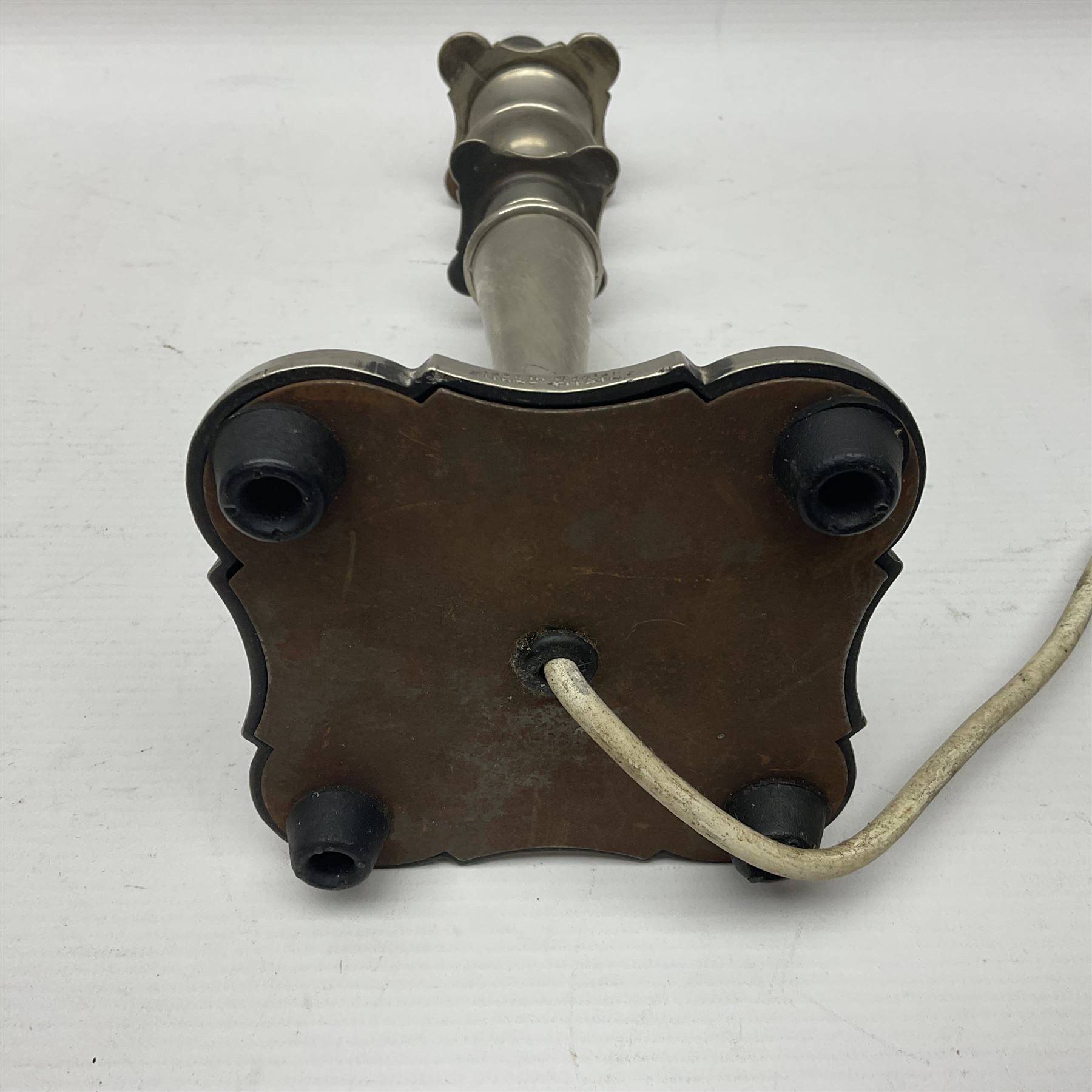 Pair of Corinthian column candlesticks, and a silver plated lamp, candlesticks H26cm