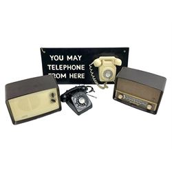 Vintage 1970s telephone mounted on board reading 'You May Telephone From Here', 1960s 706L telephone with 'G.P.O' stamp, 1953 Ecko U195 radio and 1955 Ecko U245 radio