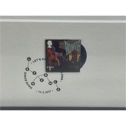Set of four Royal Mail David Bowie limited edition album stamp prints, comprising Heroes, Ziggy Stardust Tour, Hunky Dory and Let's Dance, all framed and in original packaging, H43cm W43cm