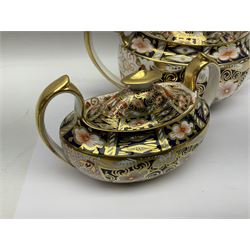 Royal Crown Derby 2451 Imari pattern three piece tea set, comprising teapot, covered sucrier and milk jug, teapot H12cm 