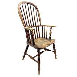 19th century ash and elm high back Windsor chair, turned supports joined by stretchers