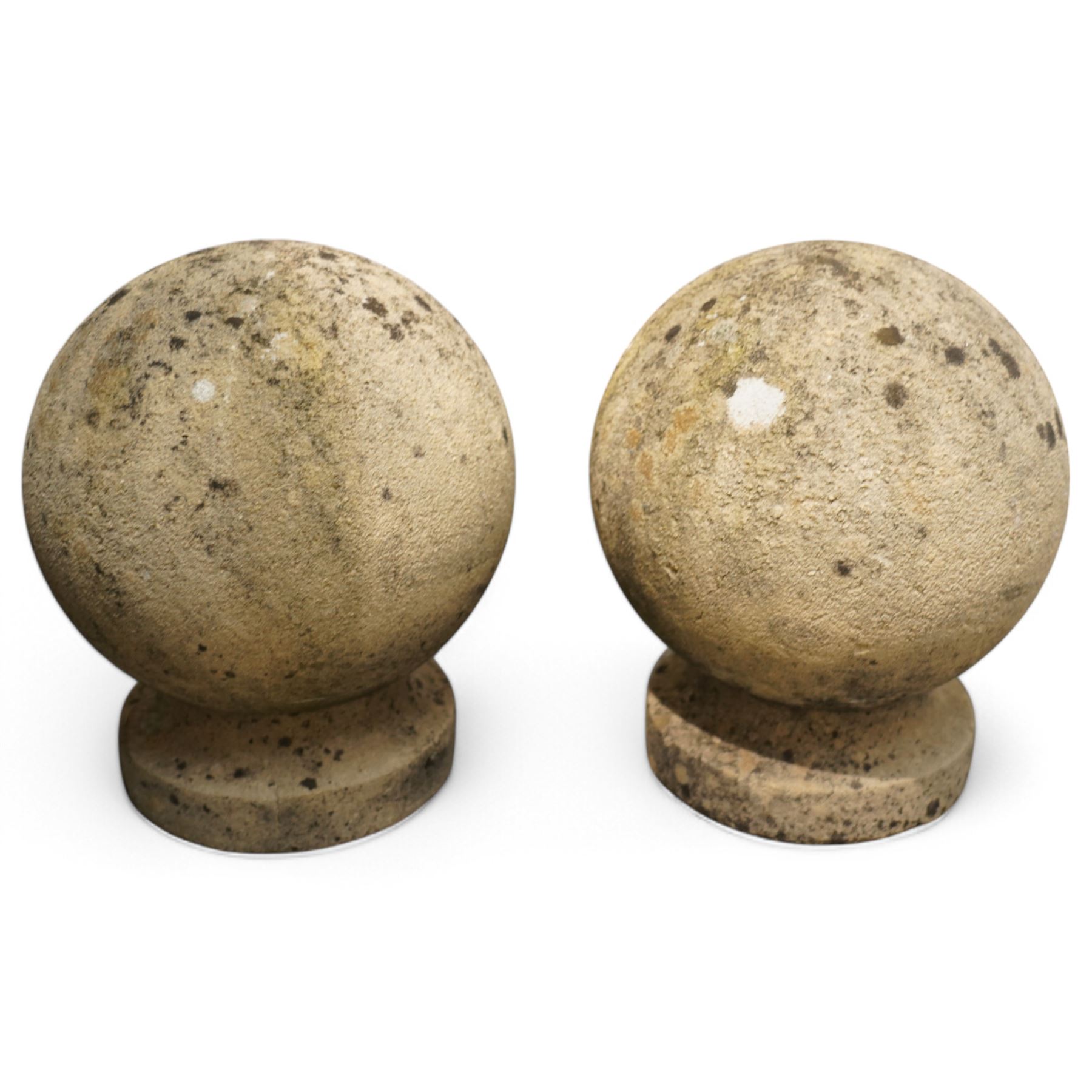 Pair of cast stone spherical ball garden finials or gate post tops