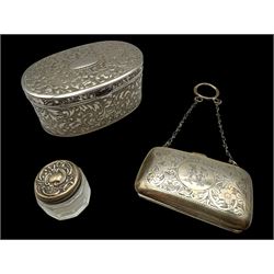 Silver coin purse, silver topped glass jar, both hallmarked together with a silver plated oval box