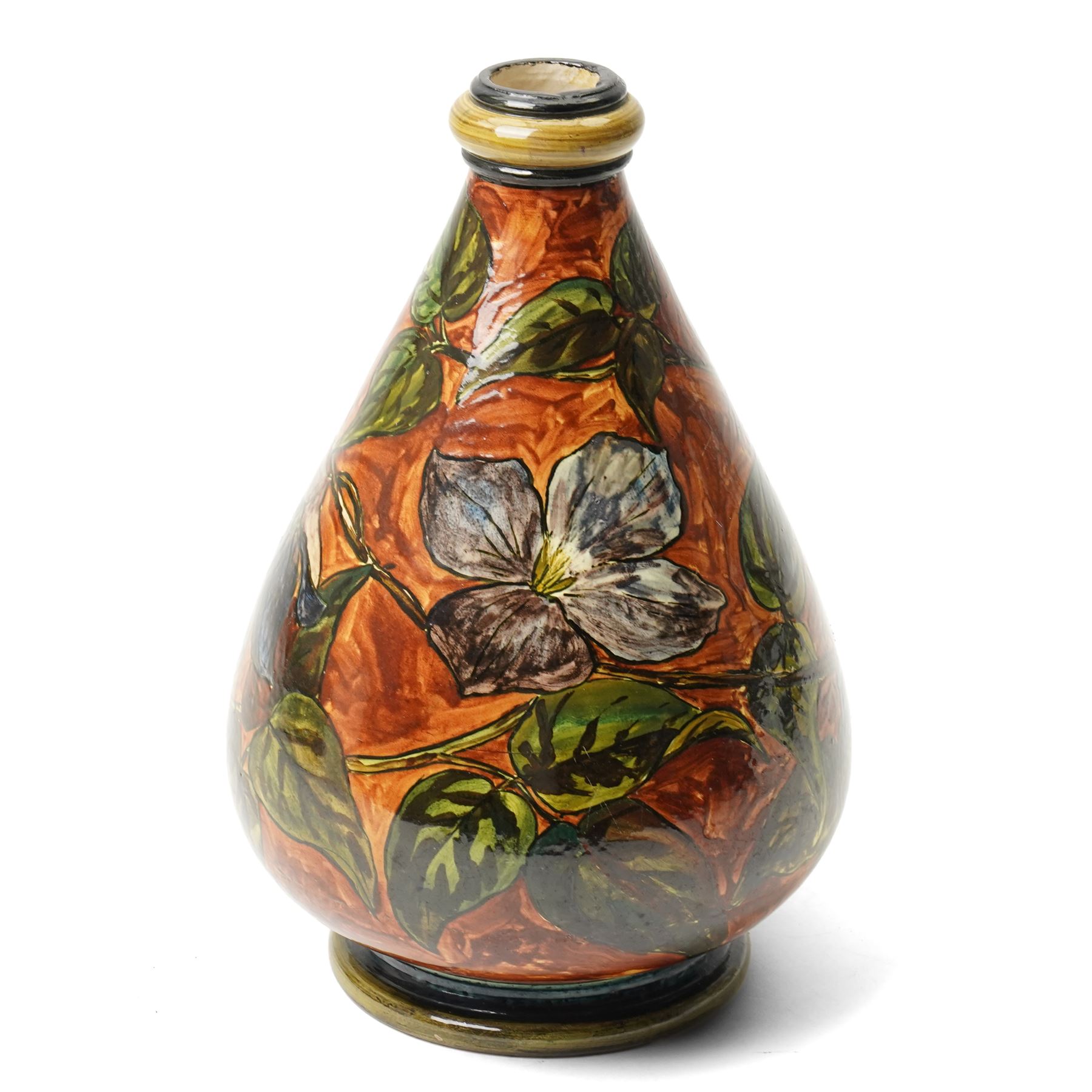 Doulton Lambeth Faience vase, painted profusely with flowers in typical colourway, attributed to Christina Wood, impressed marks and indistinct monogram to base, H25.5cm 
