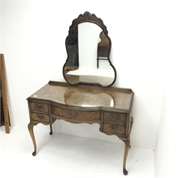 Queen Anne style walnut bedroom suite consisting of double arched top wardrobe, two doors, plinth base on shell carved cabriole feet (W123cm, H200cm, D55cm) a matching knee hole dressing table, raised mirror back, five drawers, shell carved cabriole legs (W114cm, H165cm, D60cm) a double 4'6
