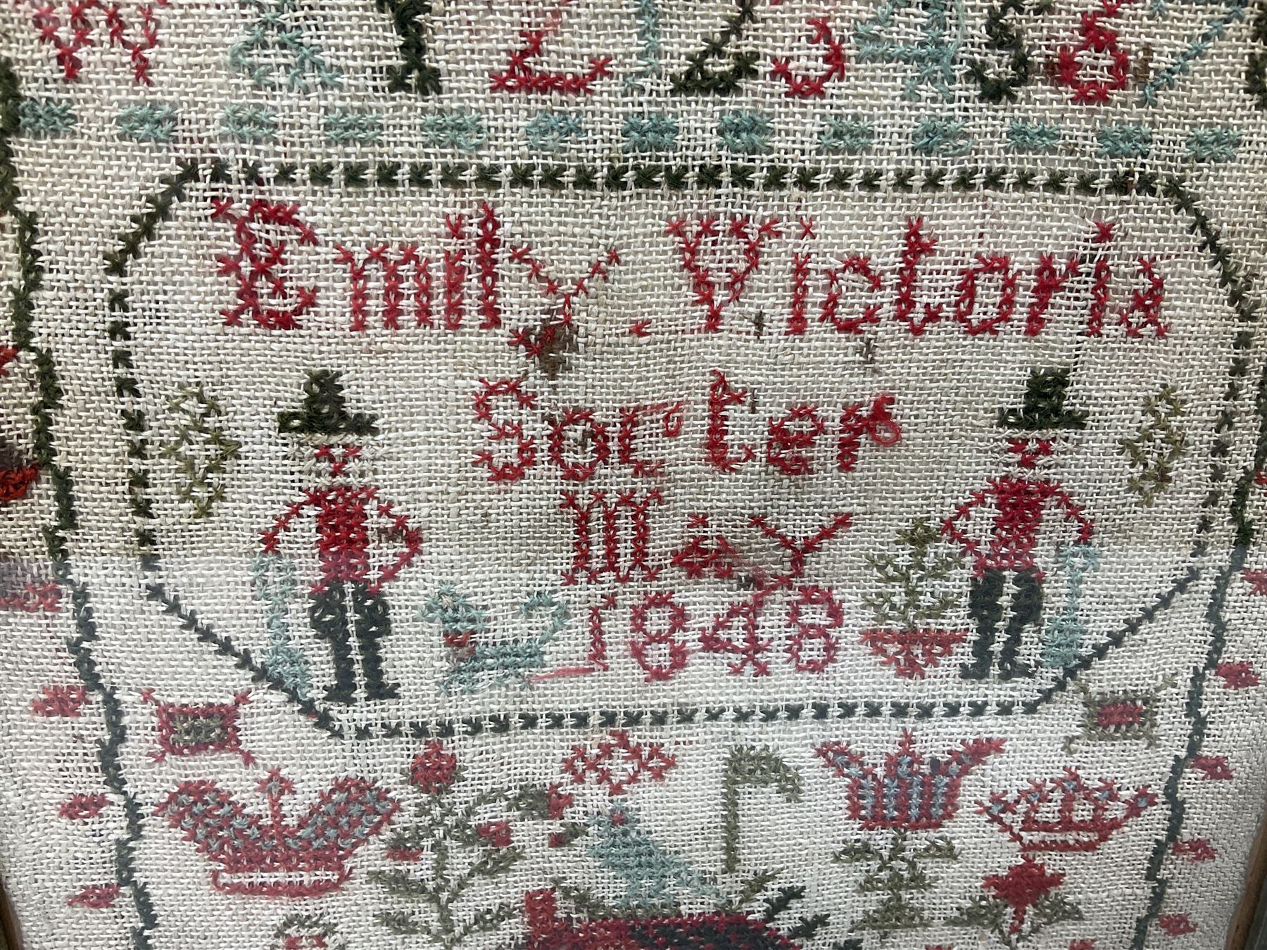 Victorian sampler by Emily Victoria, dated May 1848, worked with the