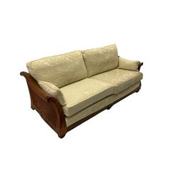 Multi-York - Hardwood framed bergère lounge suite, three seat sofa (W204cm), and pair matching armchairs (W90cm), upholstered in cream floral pattern fabric 