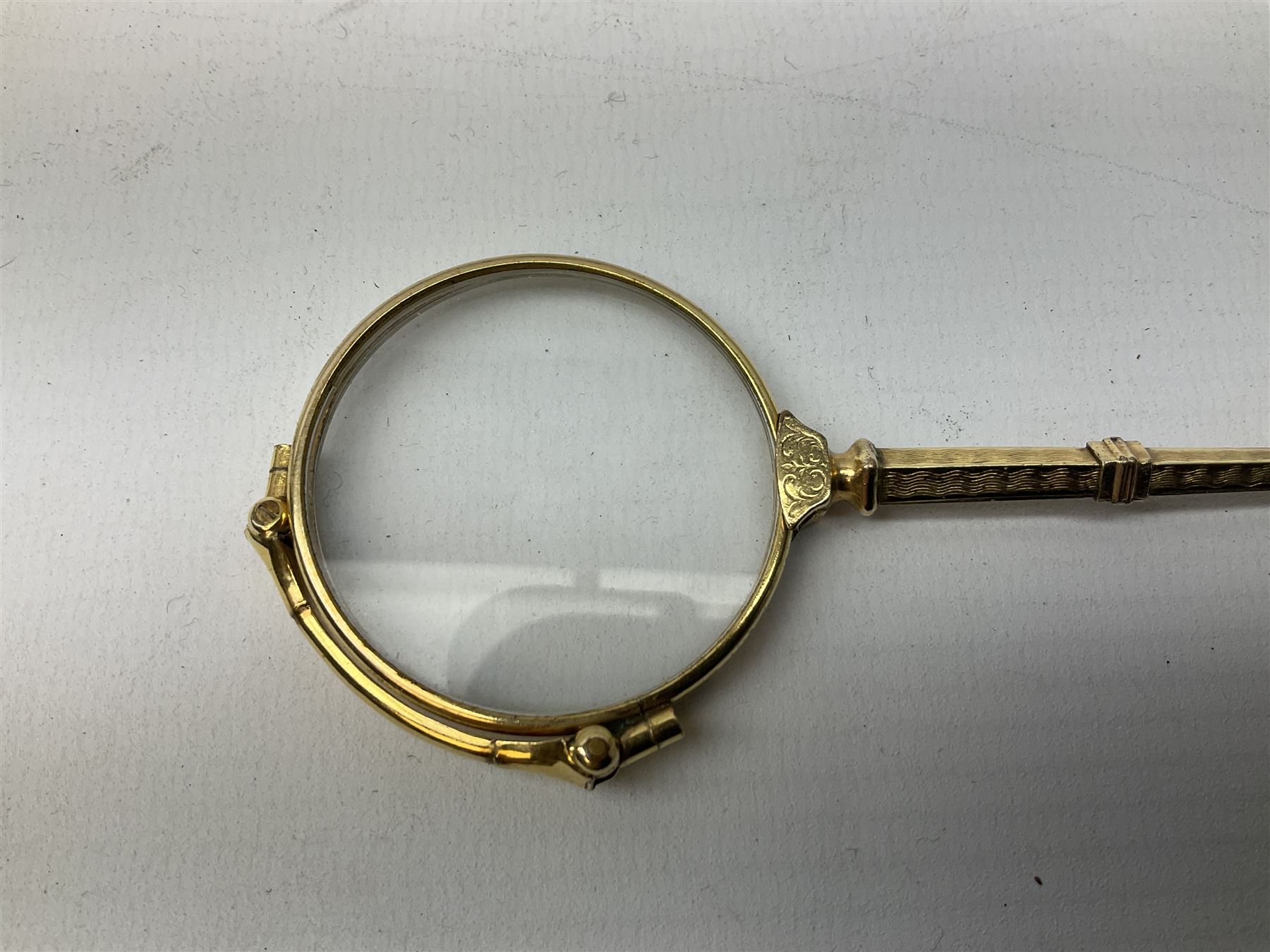 Victorian gold plated lorgnette glasses, 11cm and further set of six gold plated teaspoons stamped Sweden