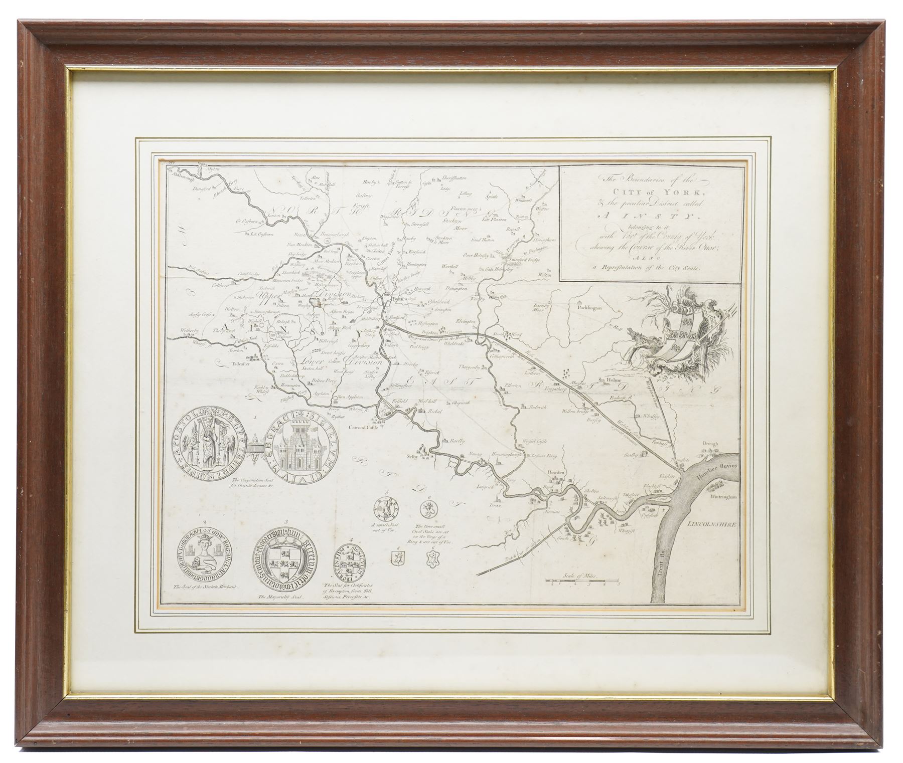 Francis Drake (British 1696-1771): York and its Boundaries with Seals, 18th century engraved map with hand-colouring from pub. the History and Antiquities of the City of York 1736, 35cm x 46cm