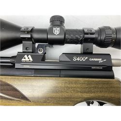 Air Arms S400F Carbine bolt-action .22 multishot air rifle, pump-up action, adjustable trigger, fitted with sound moderator and Nikko Stirling Mountmaster 3-9 x 50 telescopic sight, complete with stirrup type pump, pressure gauge etc, serial no.135456, L106cm; in gun sling