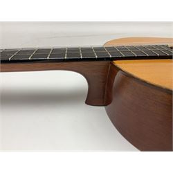 Spanish BM acoustic guitar with mahogany back and sides and spruce top L101cm; in cello carrying case; Roland foot pedal and two Yamaha foot pedals; tin D# organ pipe; folding music stand etc