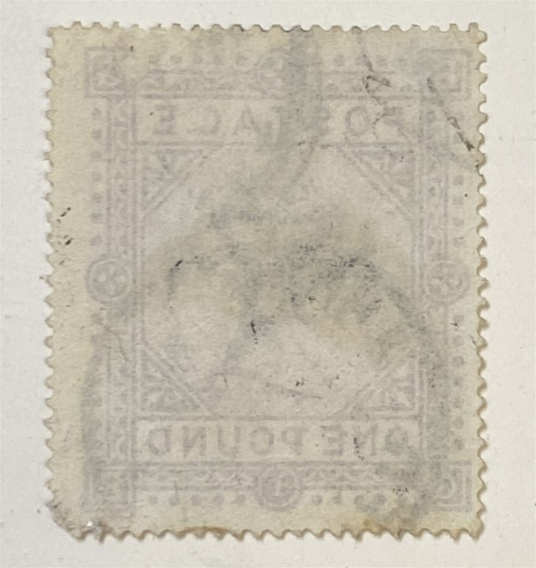 Great Britain Queen Victoria 1867-83 one pound brown-lilac stamp, plate one, used, previously mounted