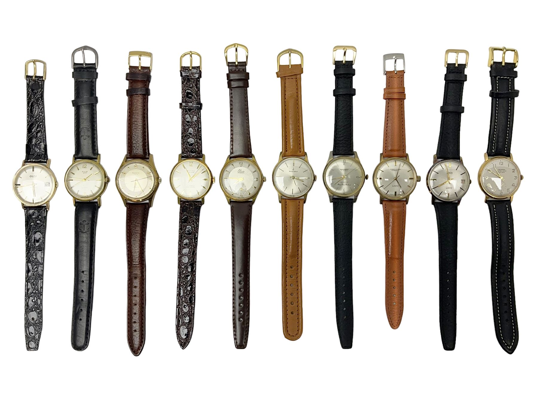 Ten manual wind wristwatches including Yeoman, Pinnacle, Avia, Walker & Hall, Argonaut, Roberts & Owen, Exactus, Uno, Amida and Elco