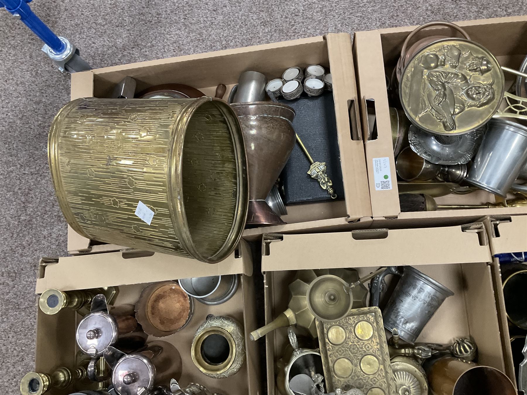 Large collection of metalware, to include decanters, teapots and fireside tools, in five boxes