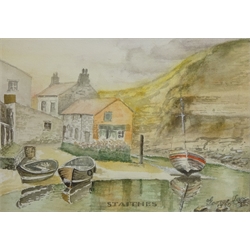  Whitby Harbour looking towards the Bridge, 19th/early 20th century watercolour signed S. Inchbold, 30cm x 22cm and 'Staithes', 20th century watercolour indistinctly signed George Lax? and dated 1990, 25cm x 35cm (2)  