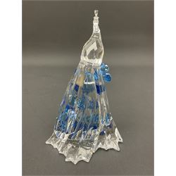 Swarovski Crystal animals, comprising white peacock, the tail with cascading blue flowers, perched eagle with yellow beak, ibex with frosted crystal horns and unicorn with frosted crystal horn, tallest H13cm