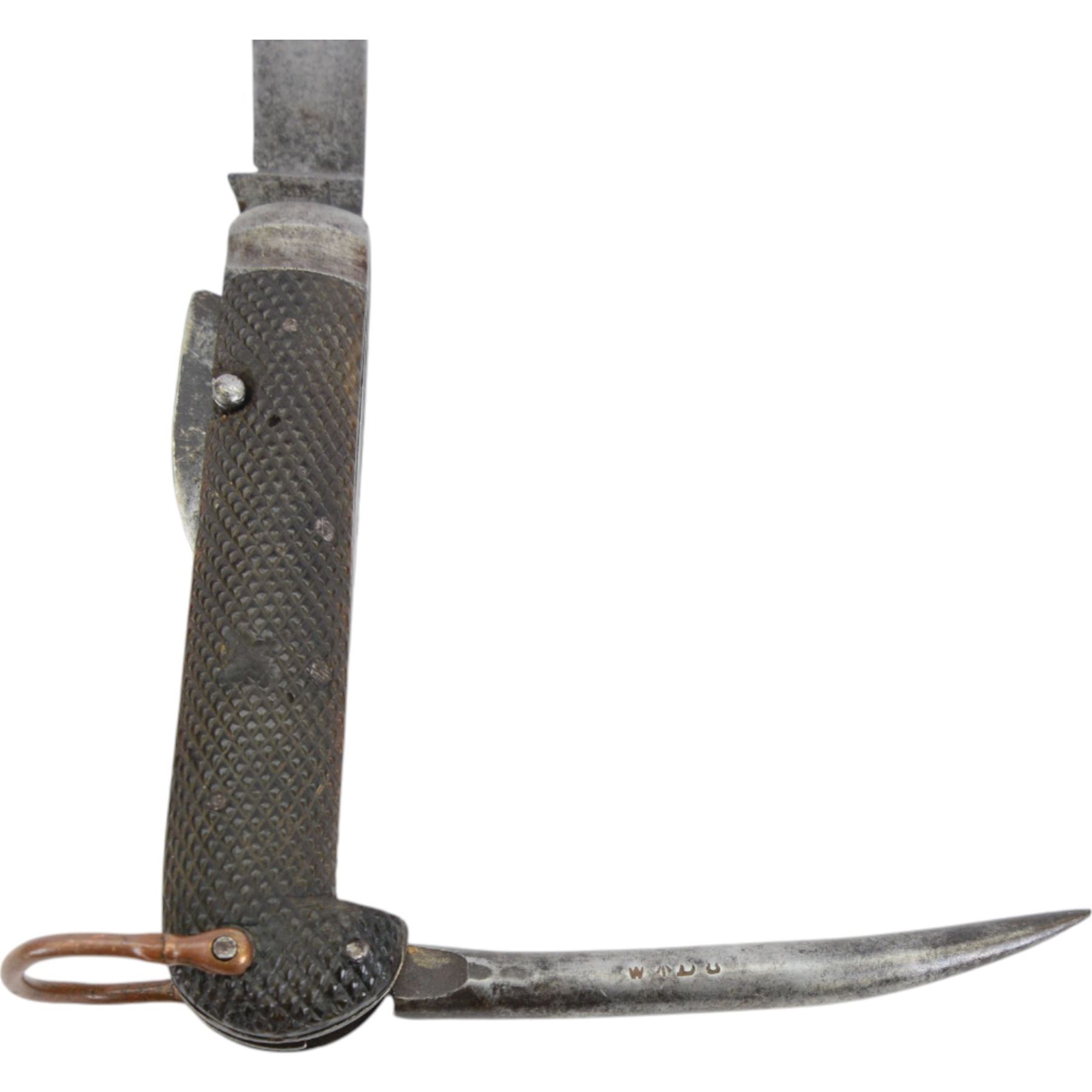 Military jack knife, by Wade and Butler, marked with broad arrow, together with military duel purpose torch and water bottle in webbing carrier