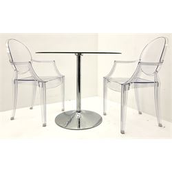 Circular pedestal bistro table, and two Ghost type chairs