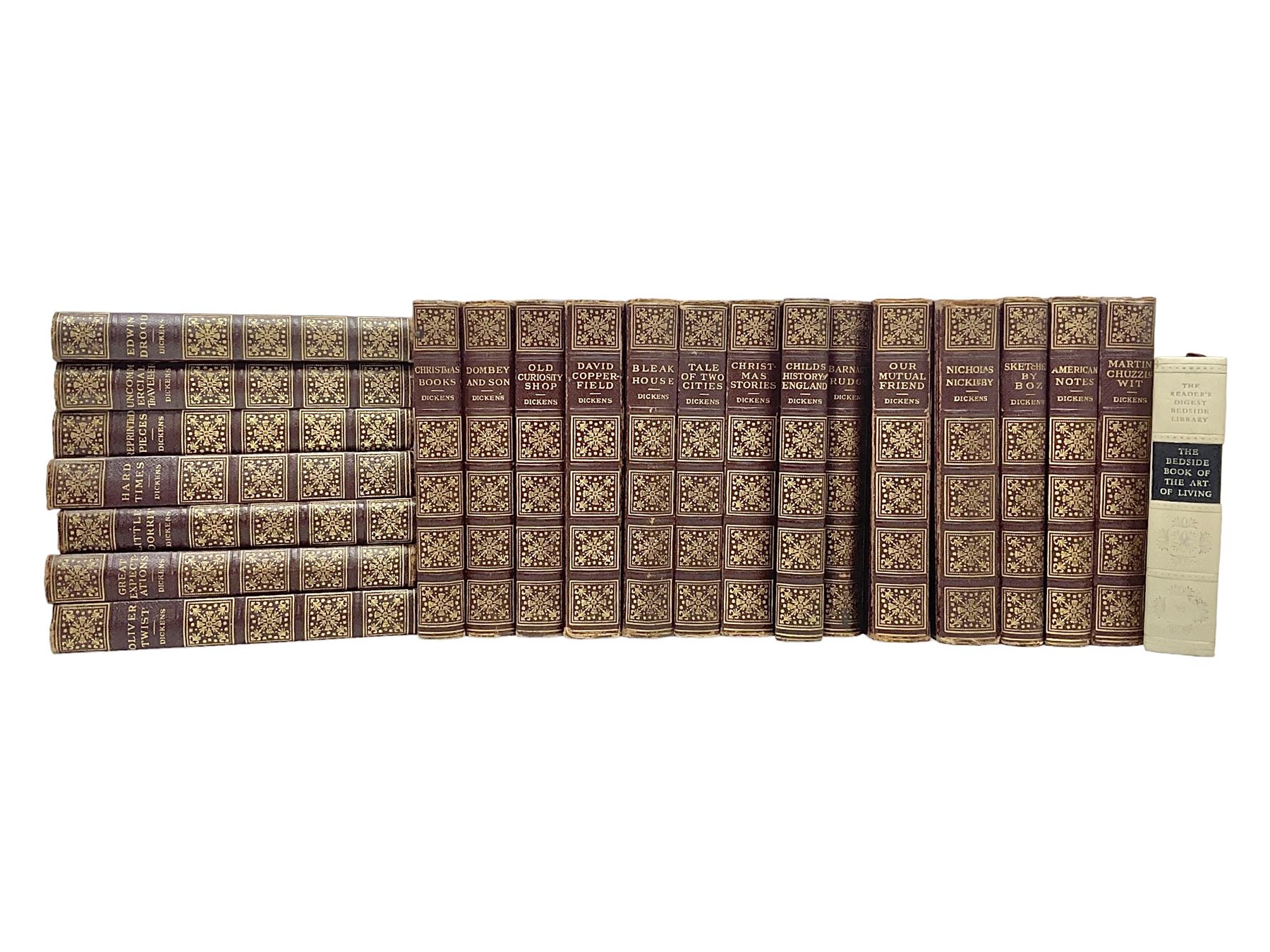 Twenty one volumes of Charles Dickens,  by The Home Library Book company, together with The Readers Digest bedside book of the art of living 