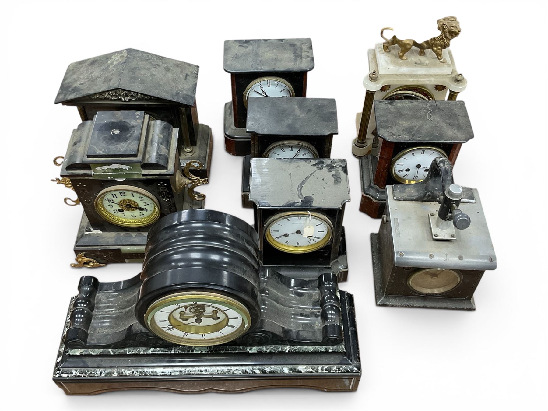 Six slate mantle clocks, another similar, one onyx, and a Blick Universal time recorder, all in need of restoration