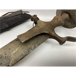 Late Victorian British Military gymnasium practice sword with 85.5cm fullered blunt pointed narrow straight blade, pierced bowl guard and chequered wooden grip L103cm overall; Leon Paul fencing foil with shaped grip and touche wiring; and two reproduction Indian tulwar swords with scabbards (4)