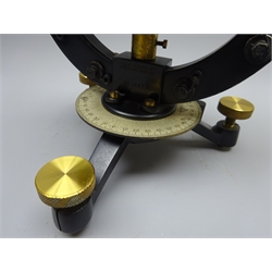  Philip Harris Ltd. Tangent Galvanometer with silvered dial and scale, black japanned frame on three adjustable brass feet, stamped No.14453, H21cm  