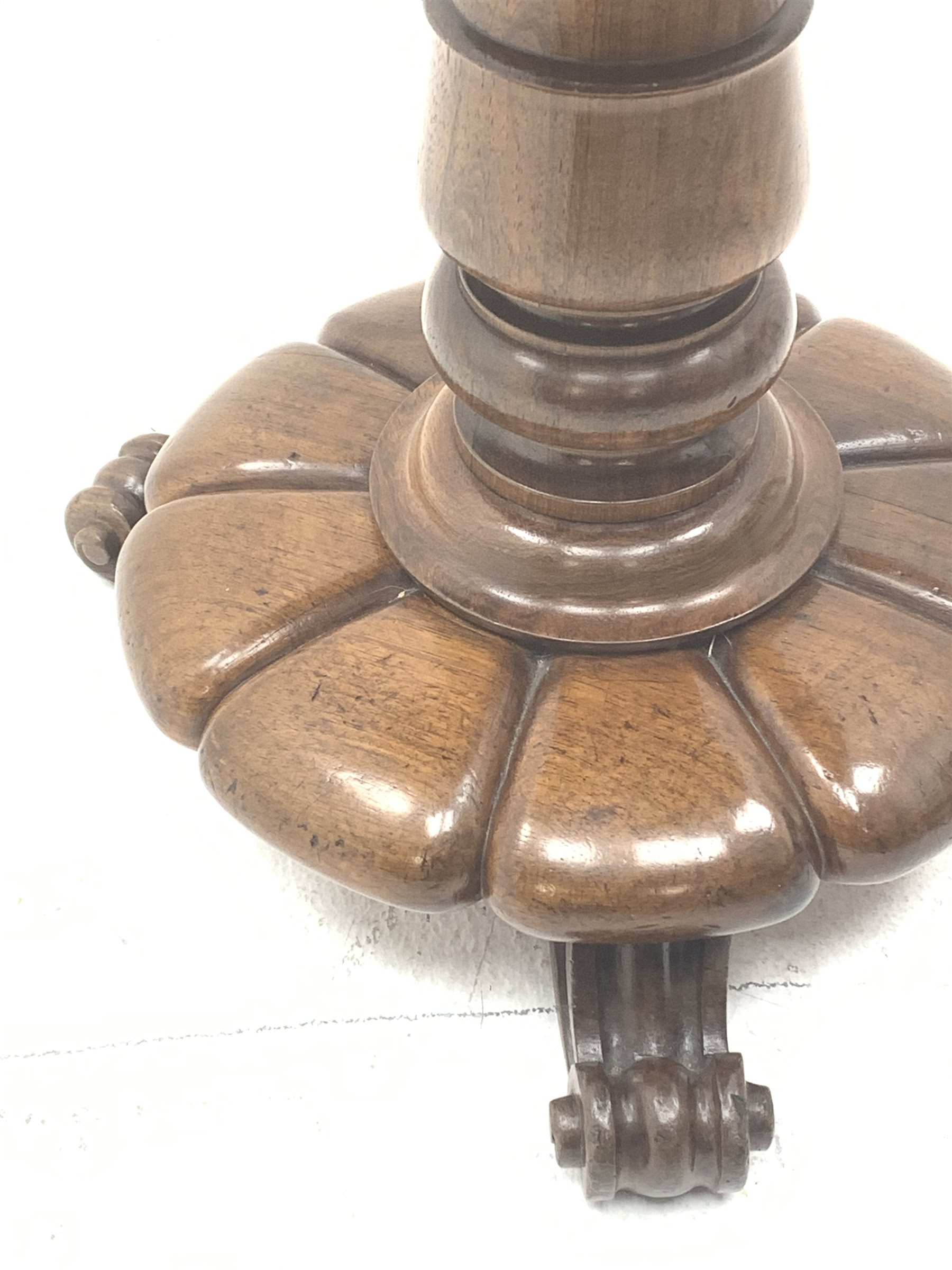 Victorian rosewood adjustable piano stool, circular revolving upholstered seat on turned column support, lobe carved platform base, three scroll carved feet, H53cm (lowest height)