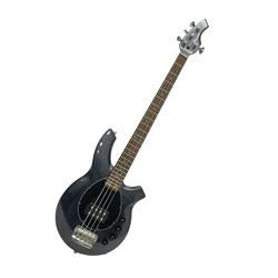 Music Man Bongo 4 string bass guitar, in sapphire black finish, serial no F42547, in black Music Man hard case, guitar L113cm