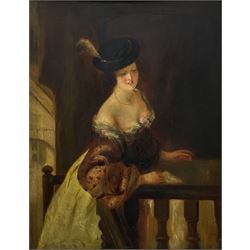 English School (19th century): Lady Leaning over a Staircase, oil on mahogany panel unsigned 57cm x 45cm 